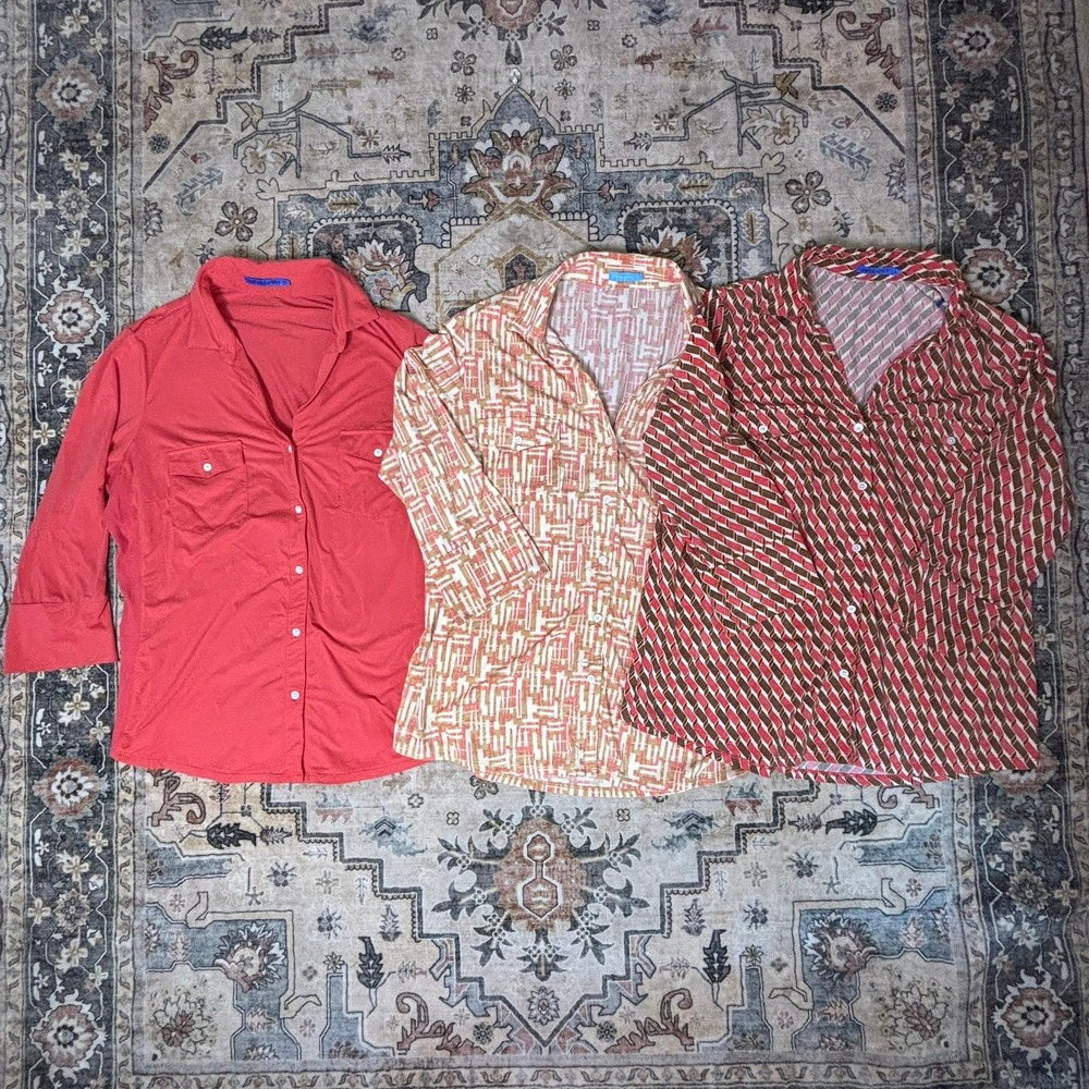 J Mclaughlin Tops Lot of 3 Geometric Print Bundle Shirt Red 3/4 Sleeve Summer XL